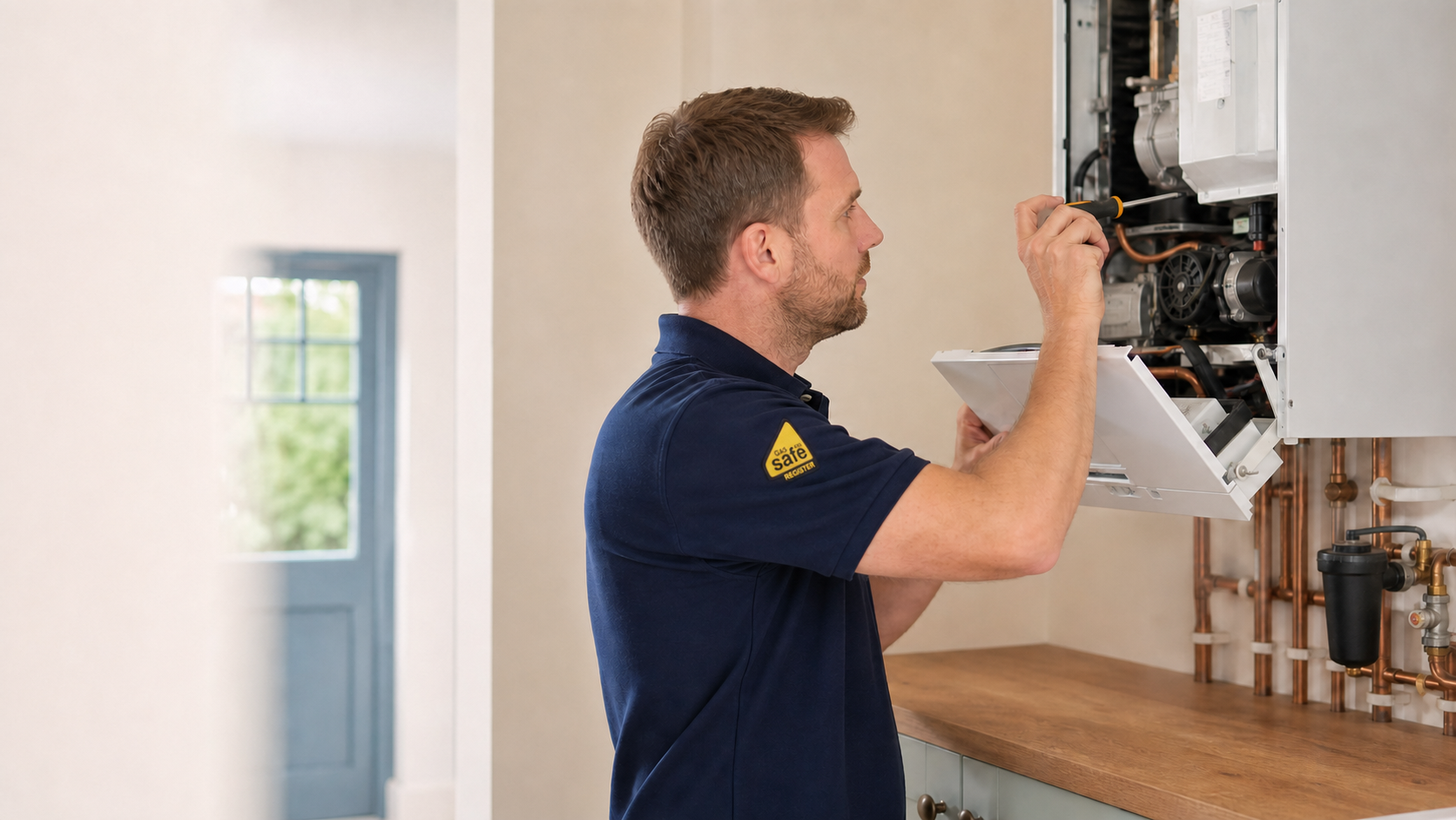Gas Safe heating engineer repairing a domestic boiler